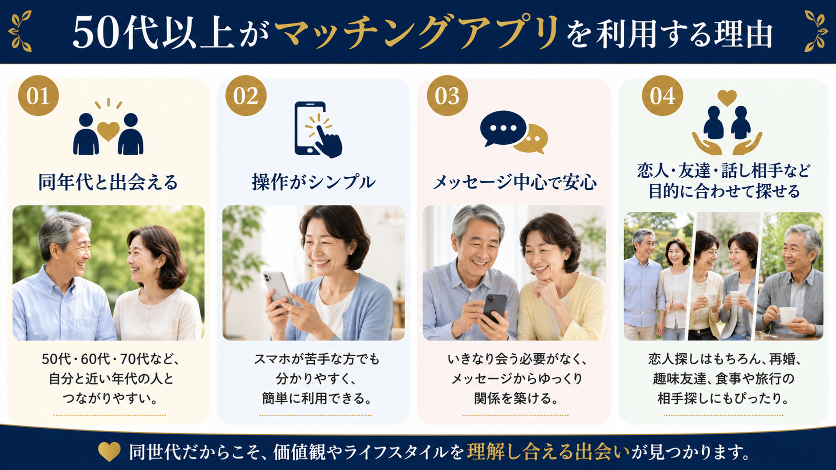 50代・60代・70代におすすめのマッチングアプリで新しい出会いを楽しむ男女